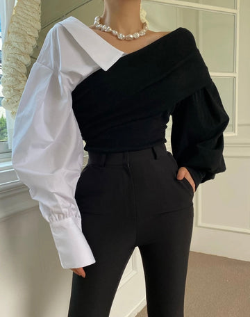 Off-Shoulder Colour Contrast Blouse - Black